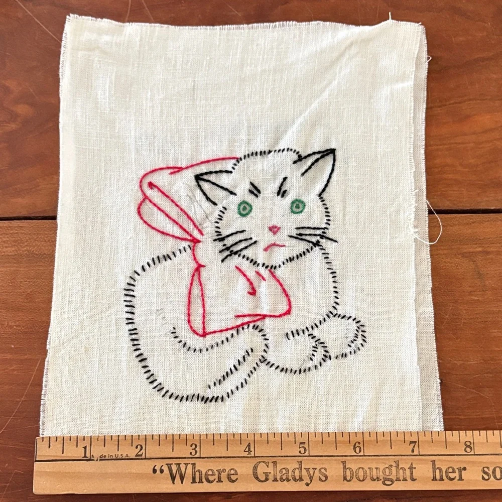 Hand Embroidered Cat Linen Squares - Blue and Pink